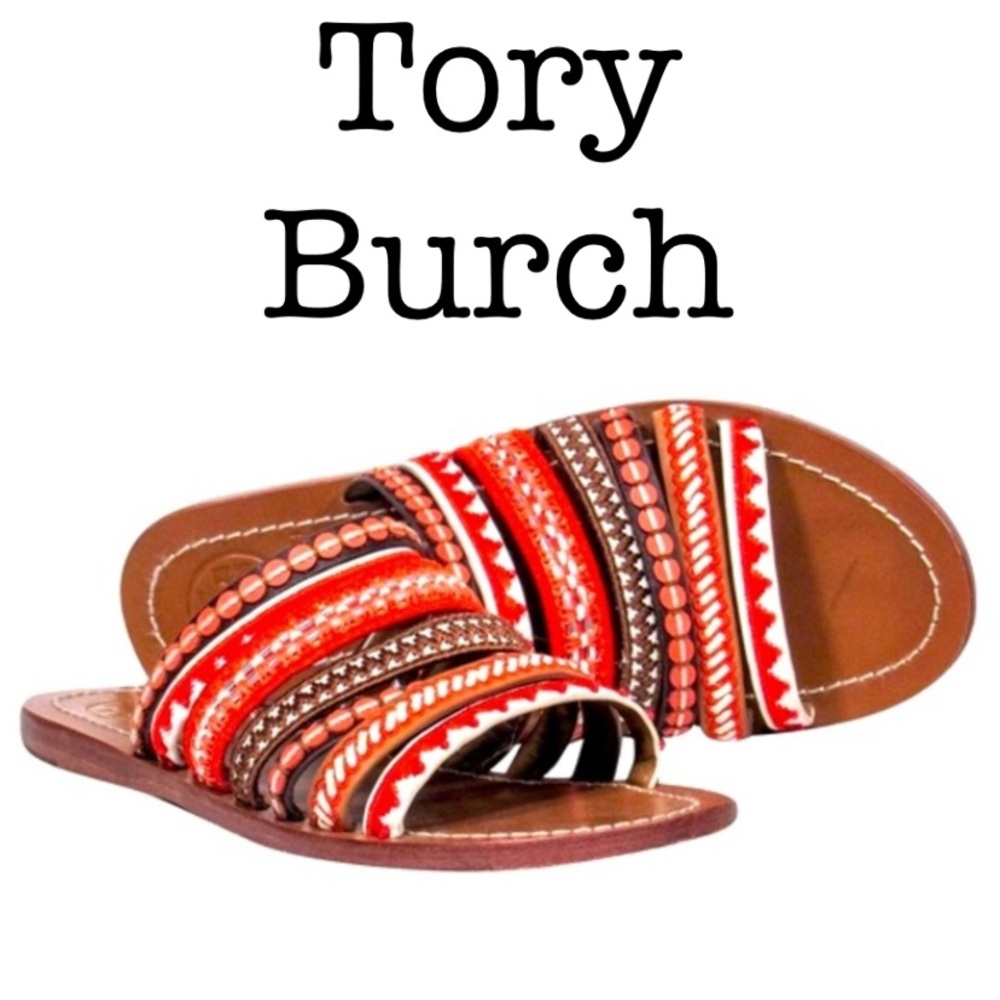 Tory Burch Embroidered Leather Poppy Sandals Size 8 1/2